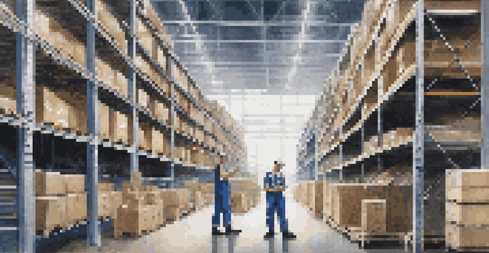 A modern logistics warehouse with organized shelves and workers using handheld devices in a well-lit environment.