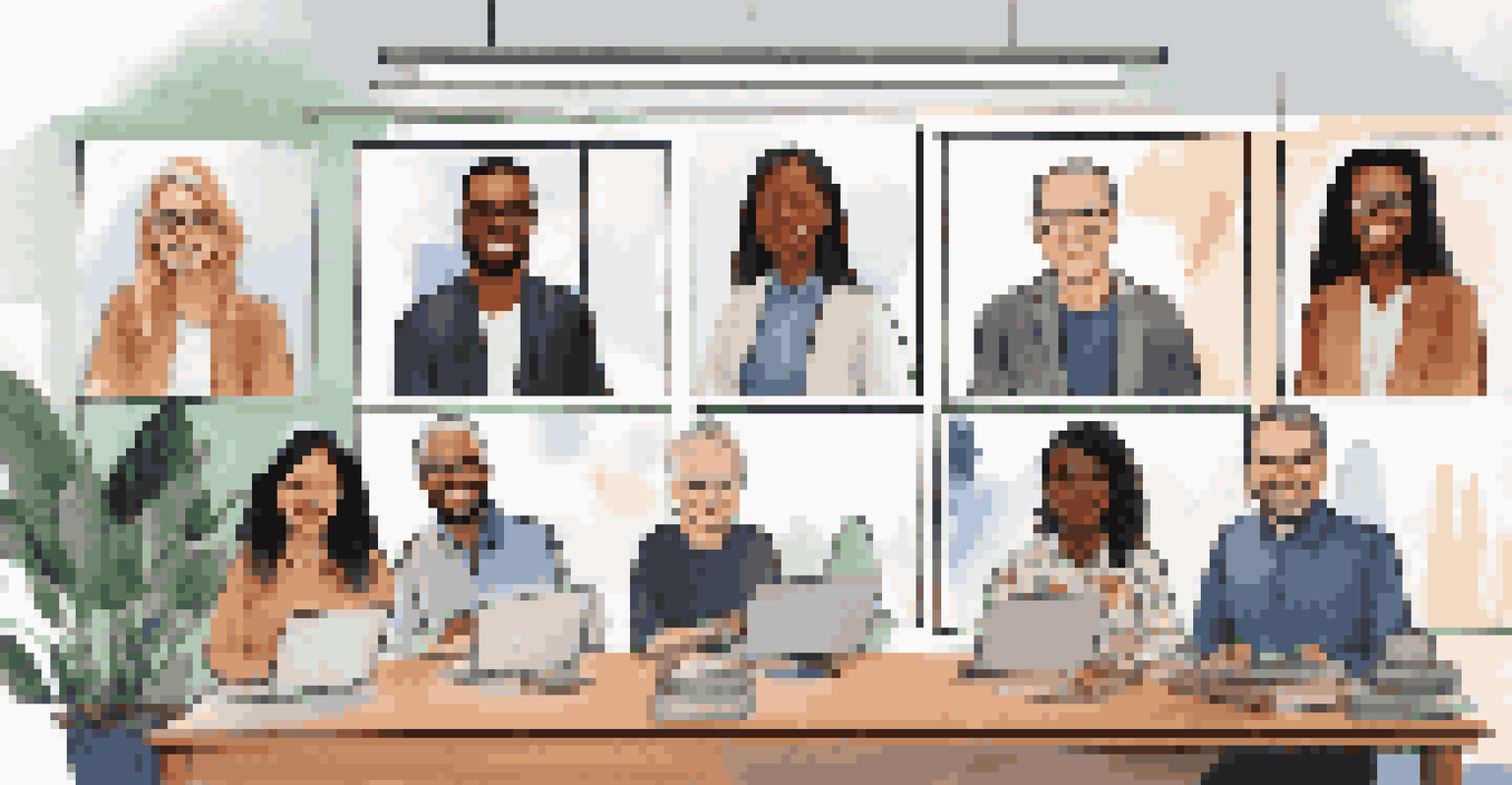 A virtual team meeting featuring diverse professionals on a video call, each in their unique home office environments, smiling and engaged.