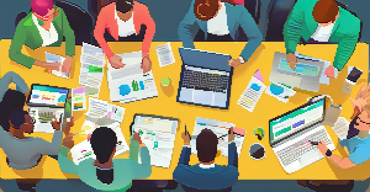 A diverse group of professionals in a strategy session around a table with laptops, documents, and sticky notes.
