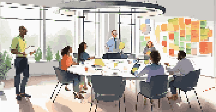 A diverse team of professionals in a bright office discussing feedback around a circular table with sticky notes and a whiteboard in the background.