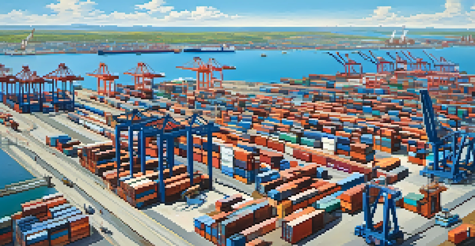 Aerial view of a busy shipping port with cargo ships, cranes, and containers, illustrating global trade.