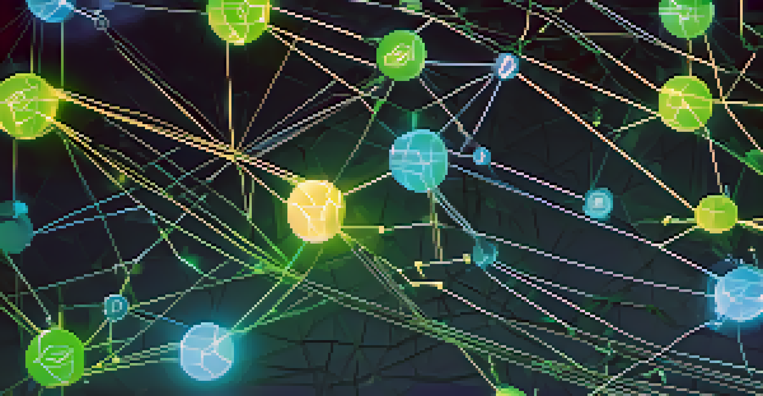 A colorful, intricate digital illustration of a blockchain network with interconnected nodes and moving products.