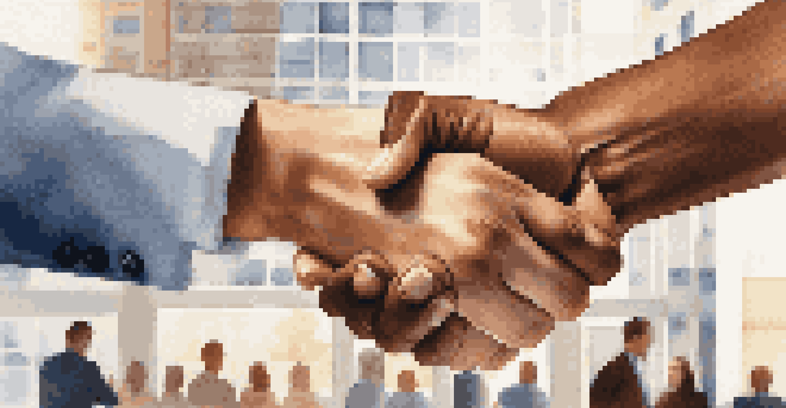 A close-up of a handshake between two individuals representing agreement and collaboration in a vibrant office setting.