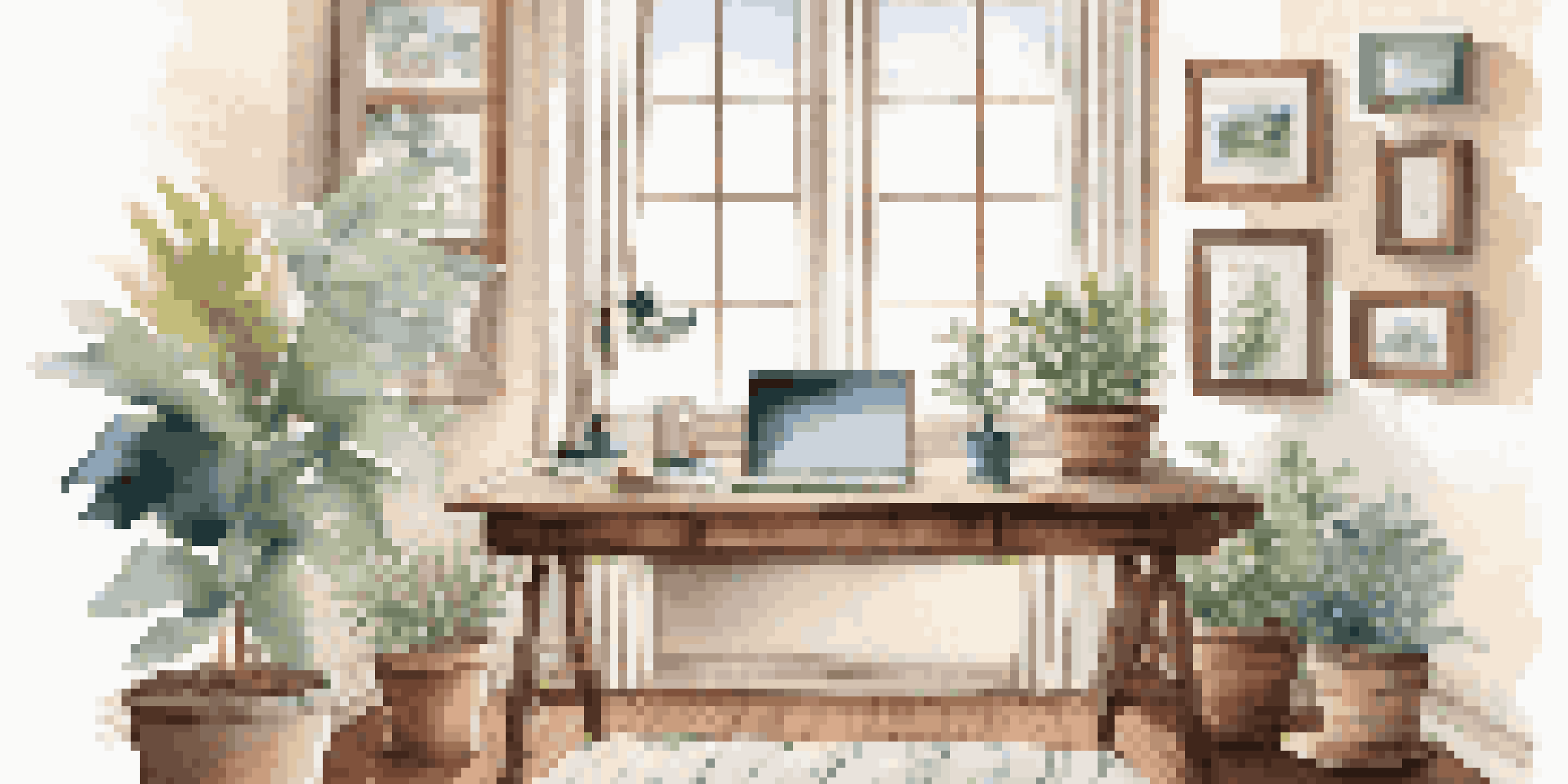 A bright and inviting home office with a wooden desk, laptop, coffee cup, and a potted plant, illuminated by natural light from a window.