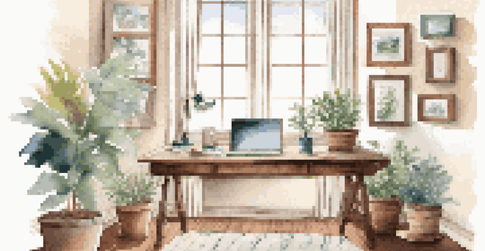 A bright and inviting home office with a wooden desk, laptop, coffee cup, and a potted plant, illuminated by natural light from a window.