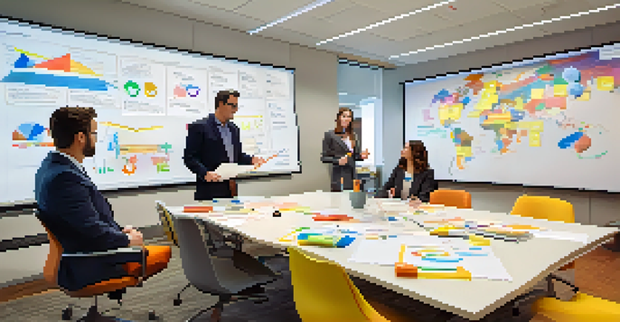 A diverse group of professionals in an office discussing a Business Impact Analysis with a whiteboard and projector in the background.