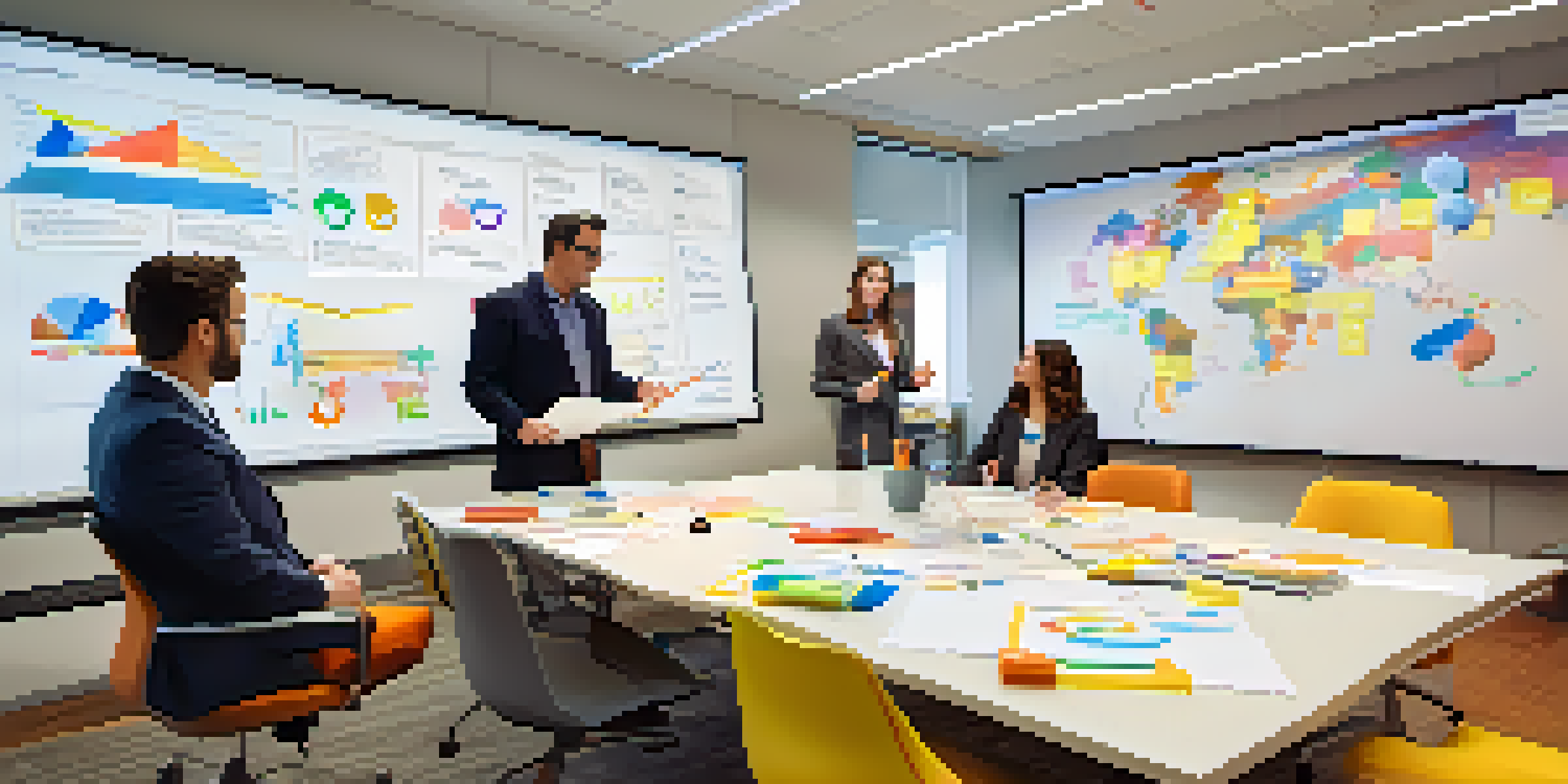 A diverse group of professionals in an office discussing a Business Impact Analysis with a whiteboard and projector in the background.
