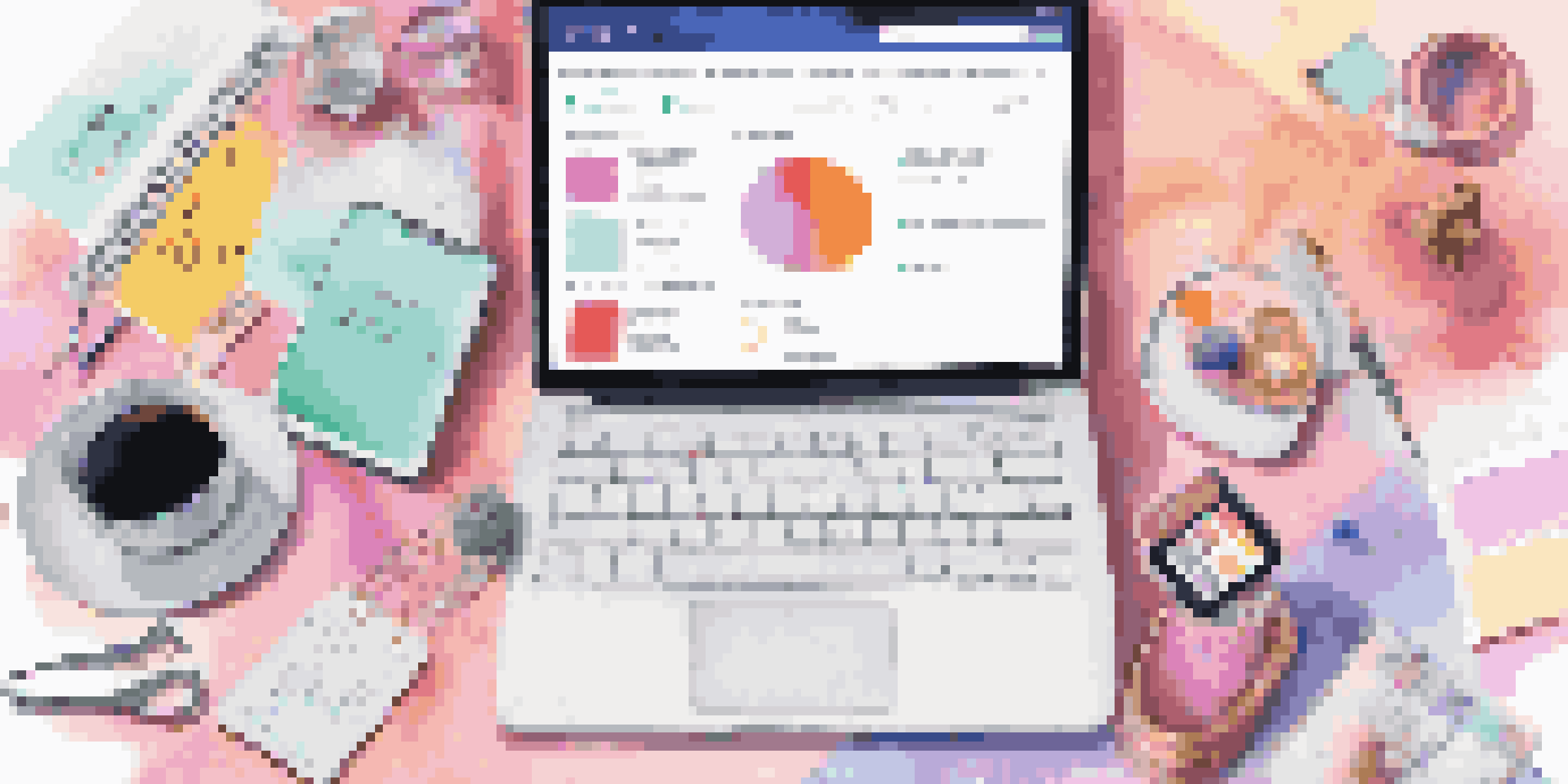 A flat lay arrangement of influencer marketing tools including a laptop with social media analytics, a notepad with written goals, and a smartphone showing an influencer's profile, set against a pastel background.