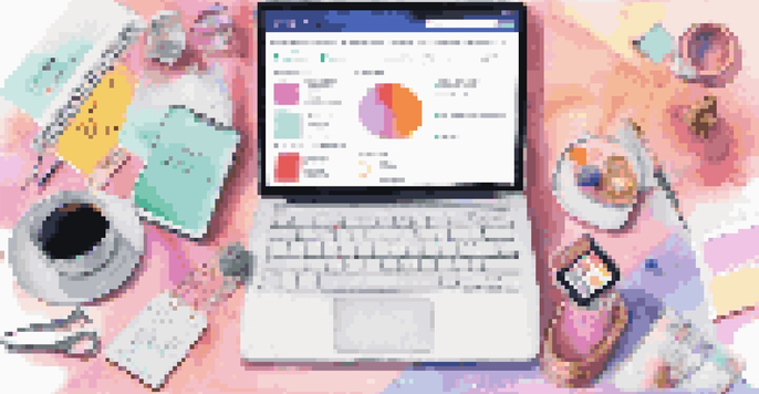A flat lay arrangement of influencer marketing tools including a laptop with social media analytics, a notepad with written goals, and a smartphone showing an influencer's profile, set against a pastel background.