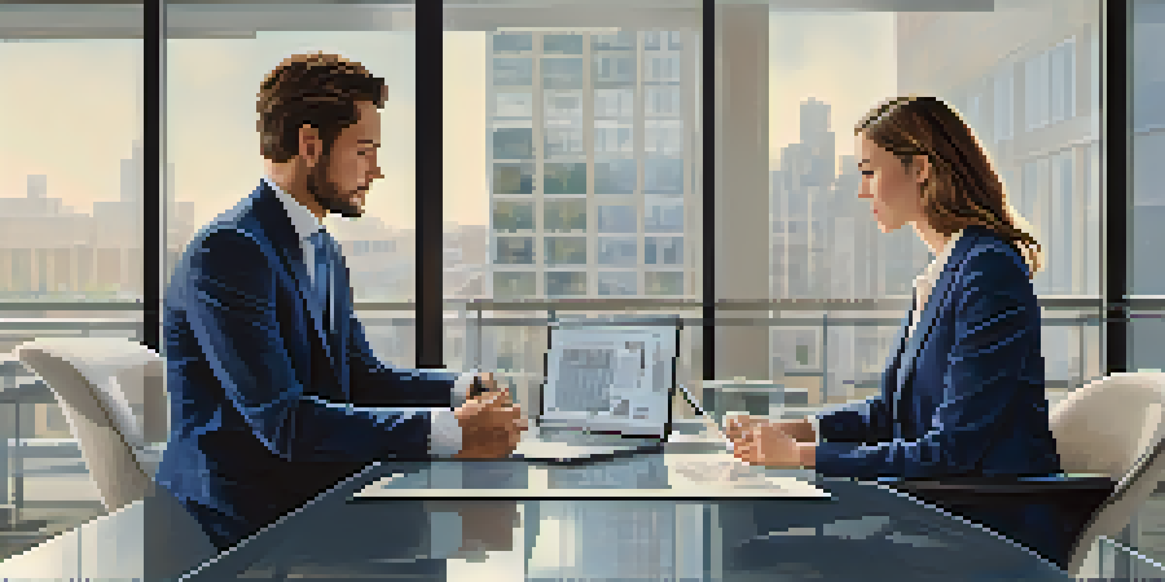 A modern office with two individuals engaged in a negotiation, one taking notes and the other pointing at a laptop with charts.