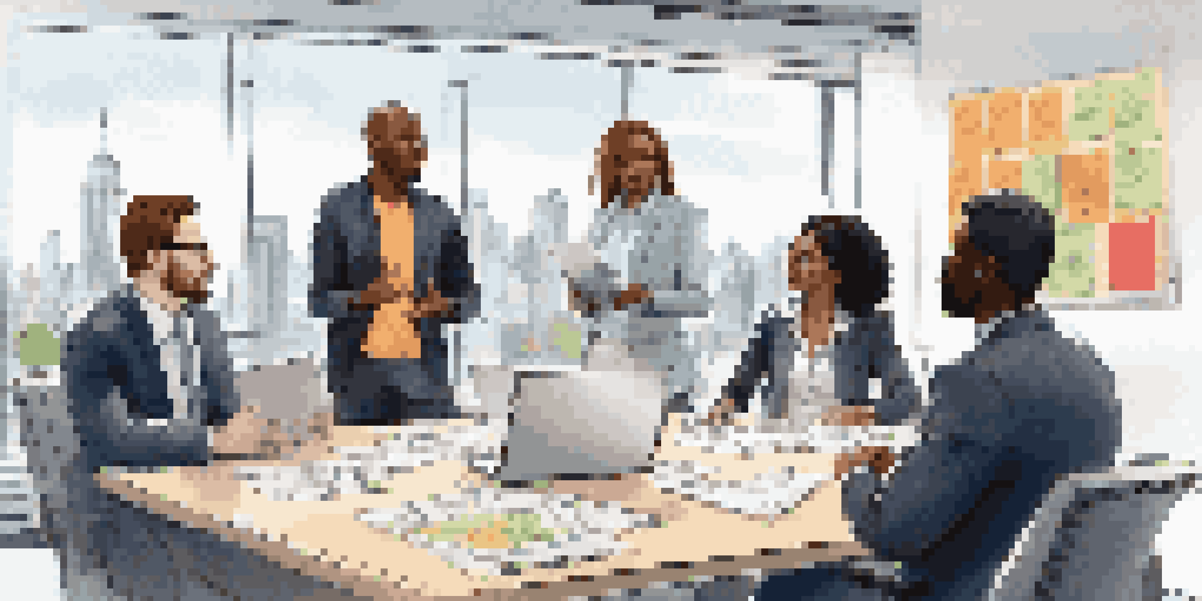 A diverse team of professionals engaged in a collaborative meeting, discussing change management strategies in a bright conference room with a city skyline outside.