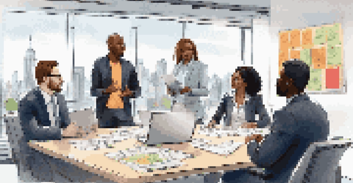 A diverse team of professionals engaged in a collaborative meeting, discussing change management strategies in a bright conference room with a city skyline outside.