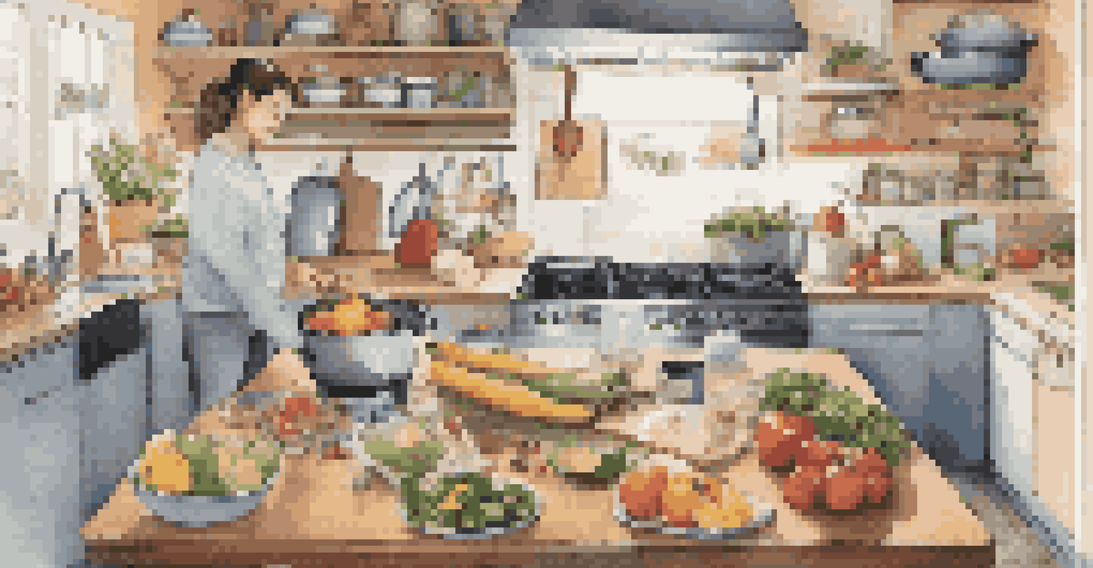 A person cooking in a vibrant kitchen while using a smart speaker to manage their grocery list, surrounded by fresh ingredients and kitchen tools.