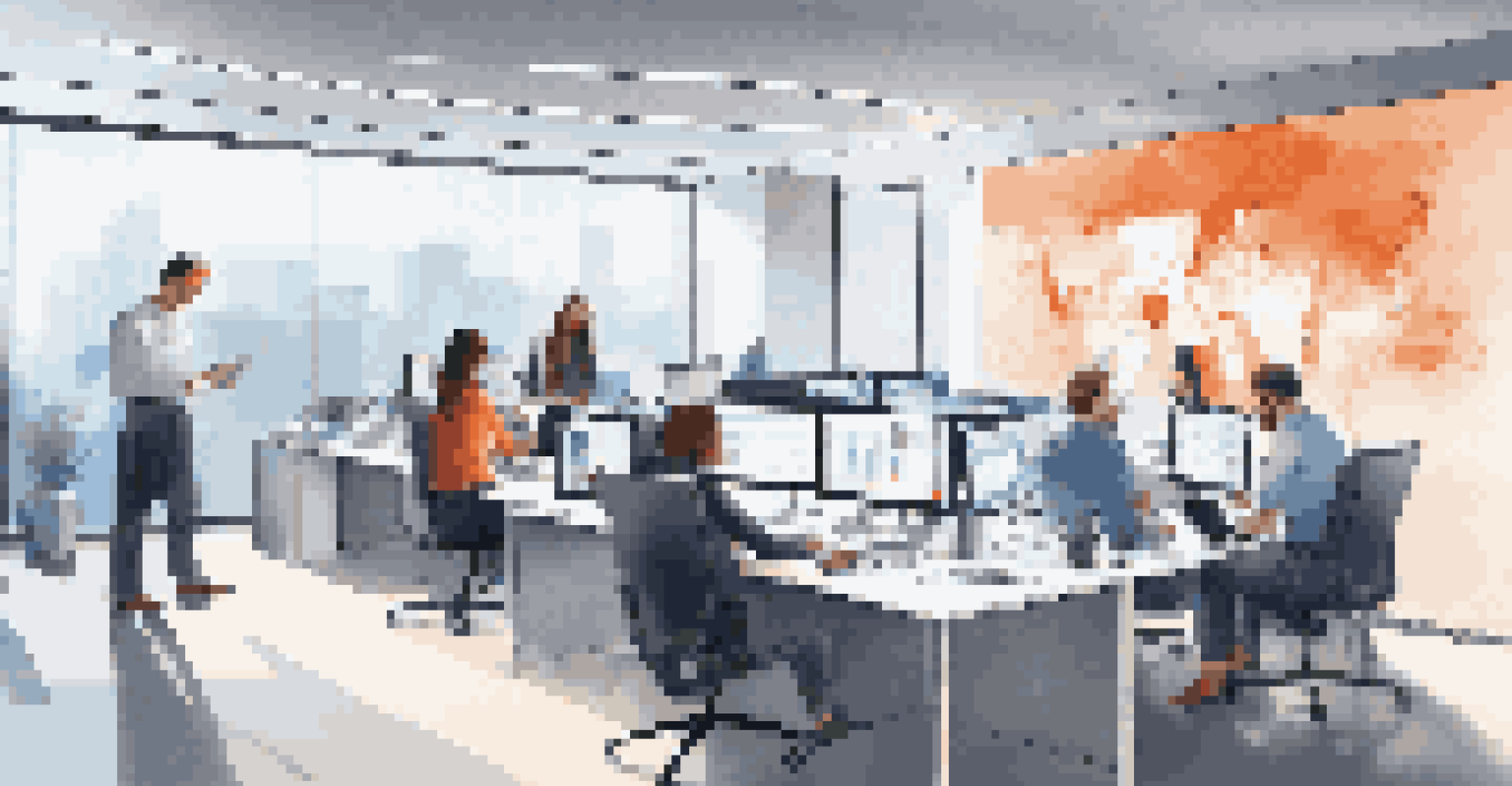 A high-tech office with a team collaborating over a digital project management tool, showcasing modern technology and teamwork.