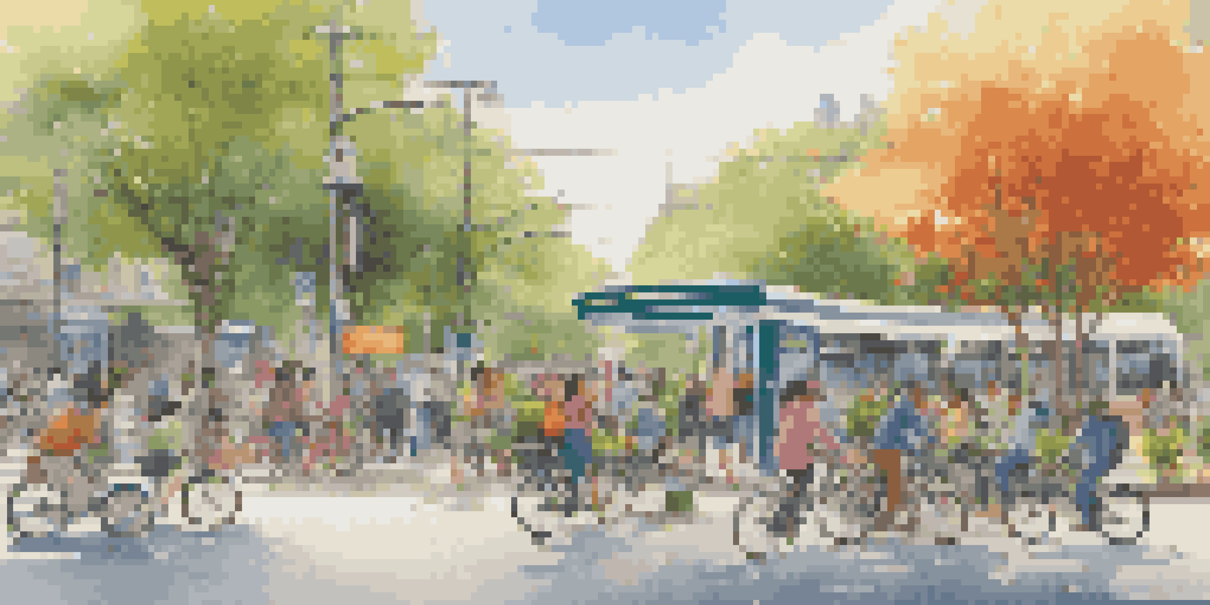 A lively urban environment with people commuting by bicycles and walking, alongside electric vehicles and a bus stop, surrounded by greenery and flowers under a sunny sky.