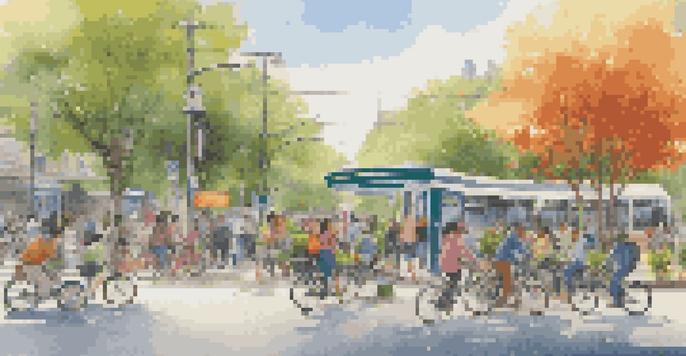 A lively urban environment with people commuting by bicycles and walking, alongside electric vehicles and a bus stop, surrounded by greenery and flowers under a sunny sky.