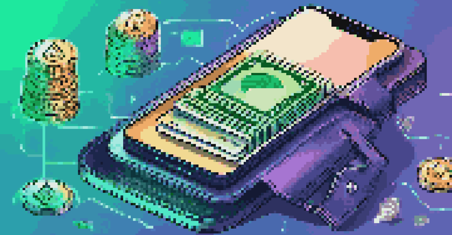 A smartphone displaying a digital wallet surrounded by cryptocurrency icons on a tech-themed background.