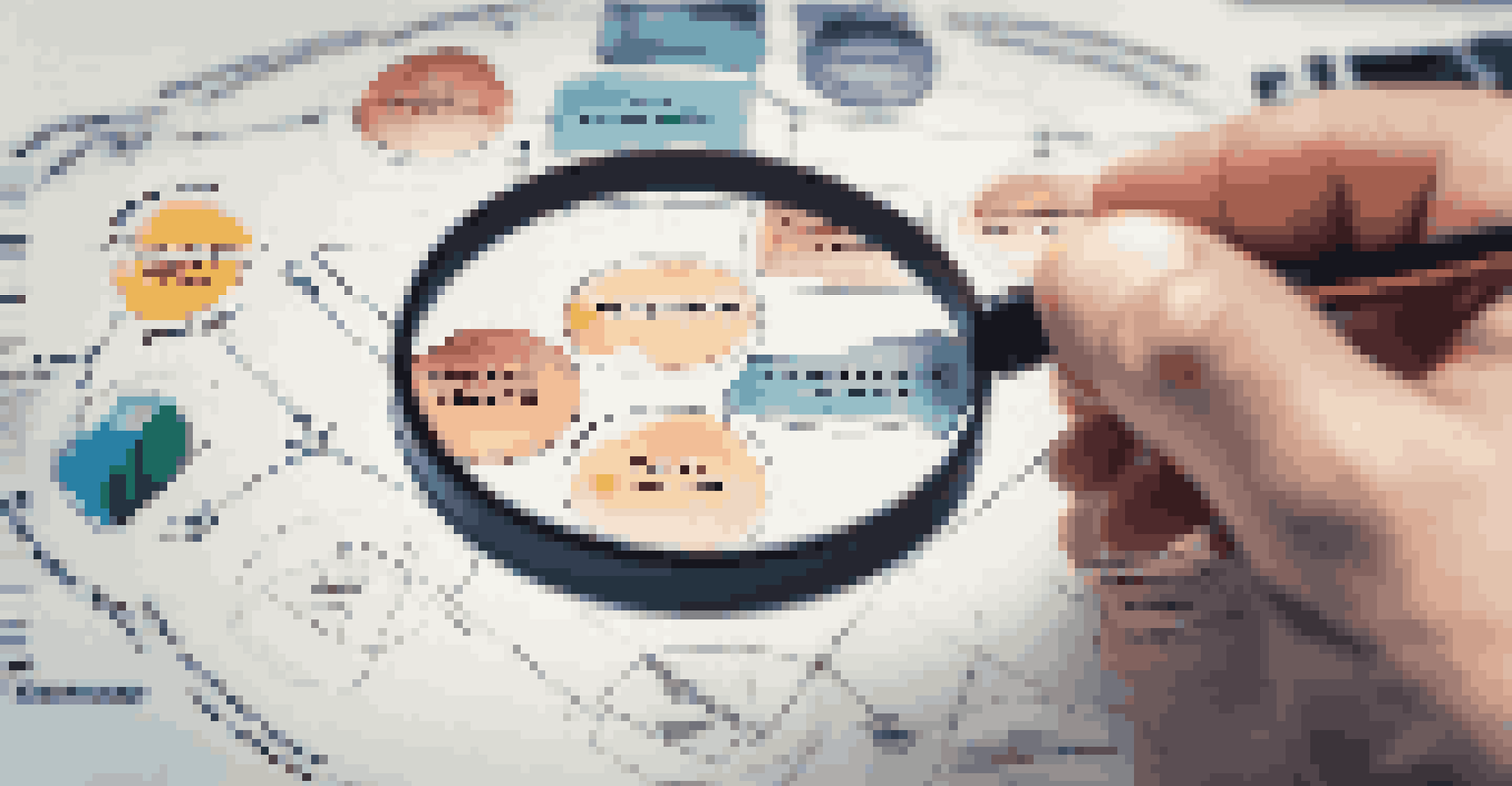 A close-up of a hand with a magnifying glass examining a stakeholder engagement matrix, emphasizing analysis and strategy.