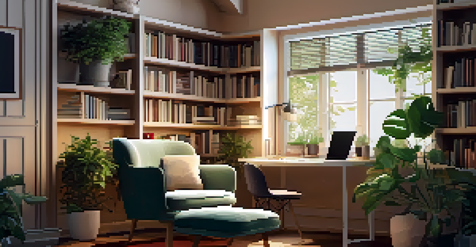 A cozy reading nook with bookshelves, a comfortable chair, and a laptop in warm lighting, surrounded by plants.