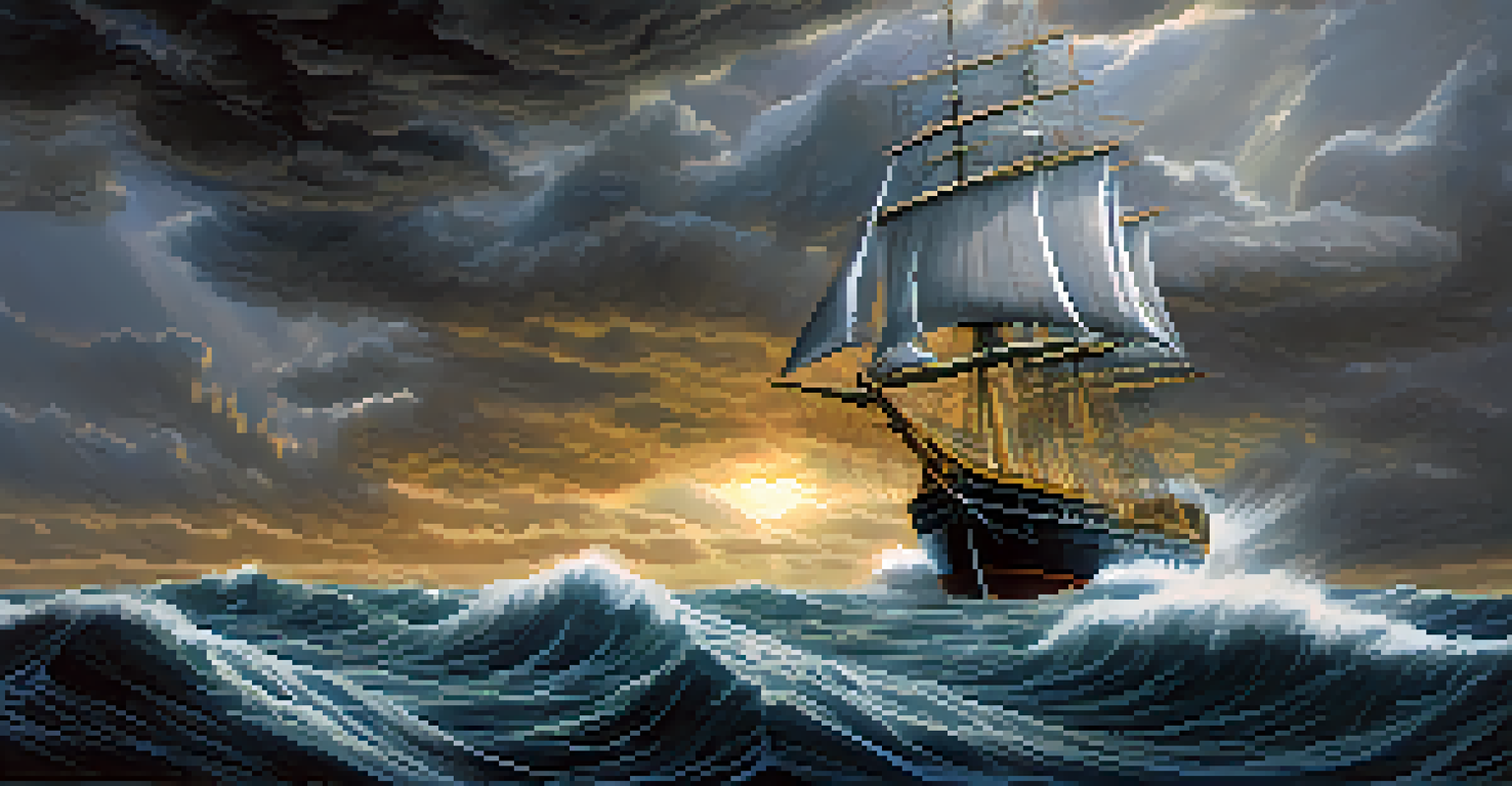 A ship navigating through a stormy sea, symbolizing business compliance with a compass guiding it towards a calmer horizon.