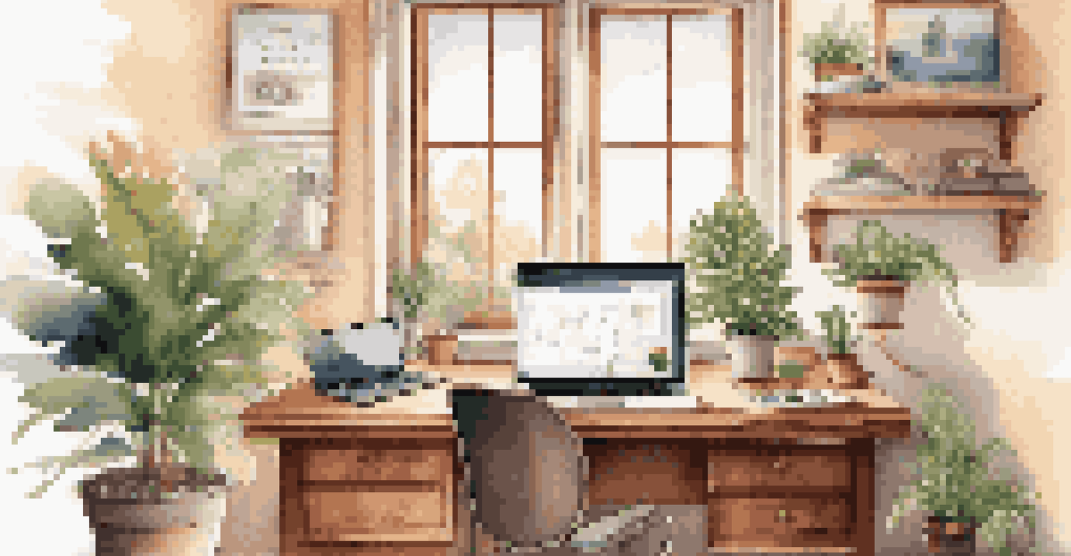 A warm and inviting home office with a wooden desk, laptop, coffee cup, and potted plant, illuminated by soft sunlight.