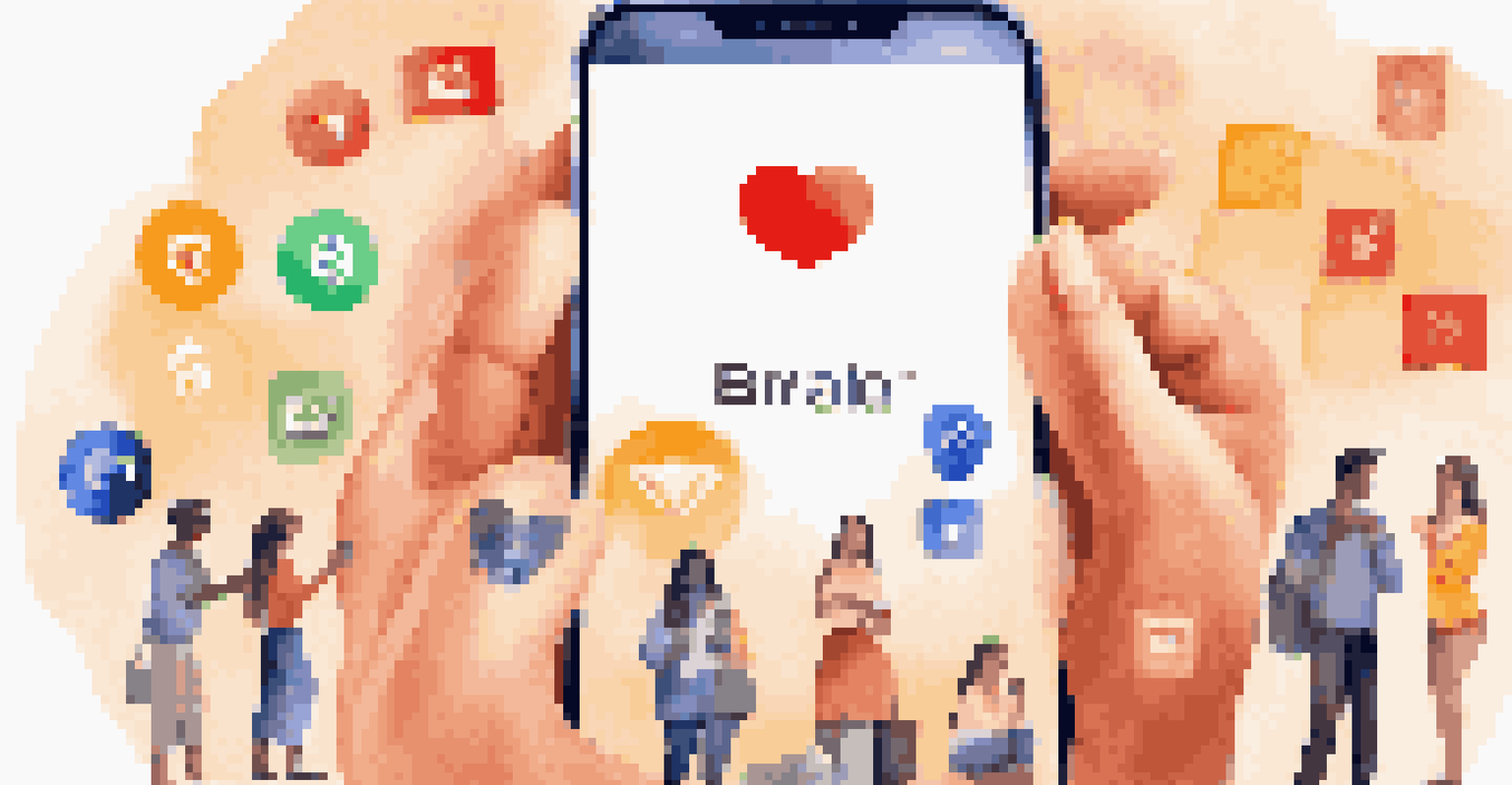 A customer holding a smartphone with a loyalty rewards app, surrounded by floating brand logos, symbolizing brand loyalty and connection.
