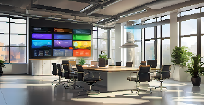 A diverse team of professionals discussing around a conference table with a large digital dashboard displaying colorful charts in a modern office.