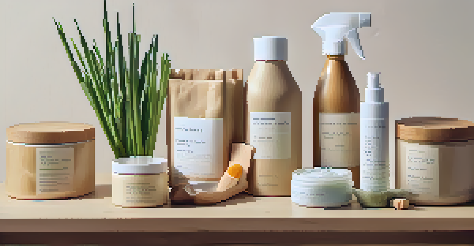 A close-up view of various eco-friendly products displayed on a wooden surface.