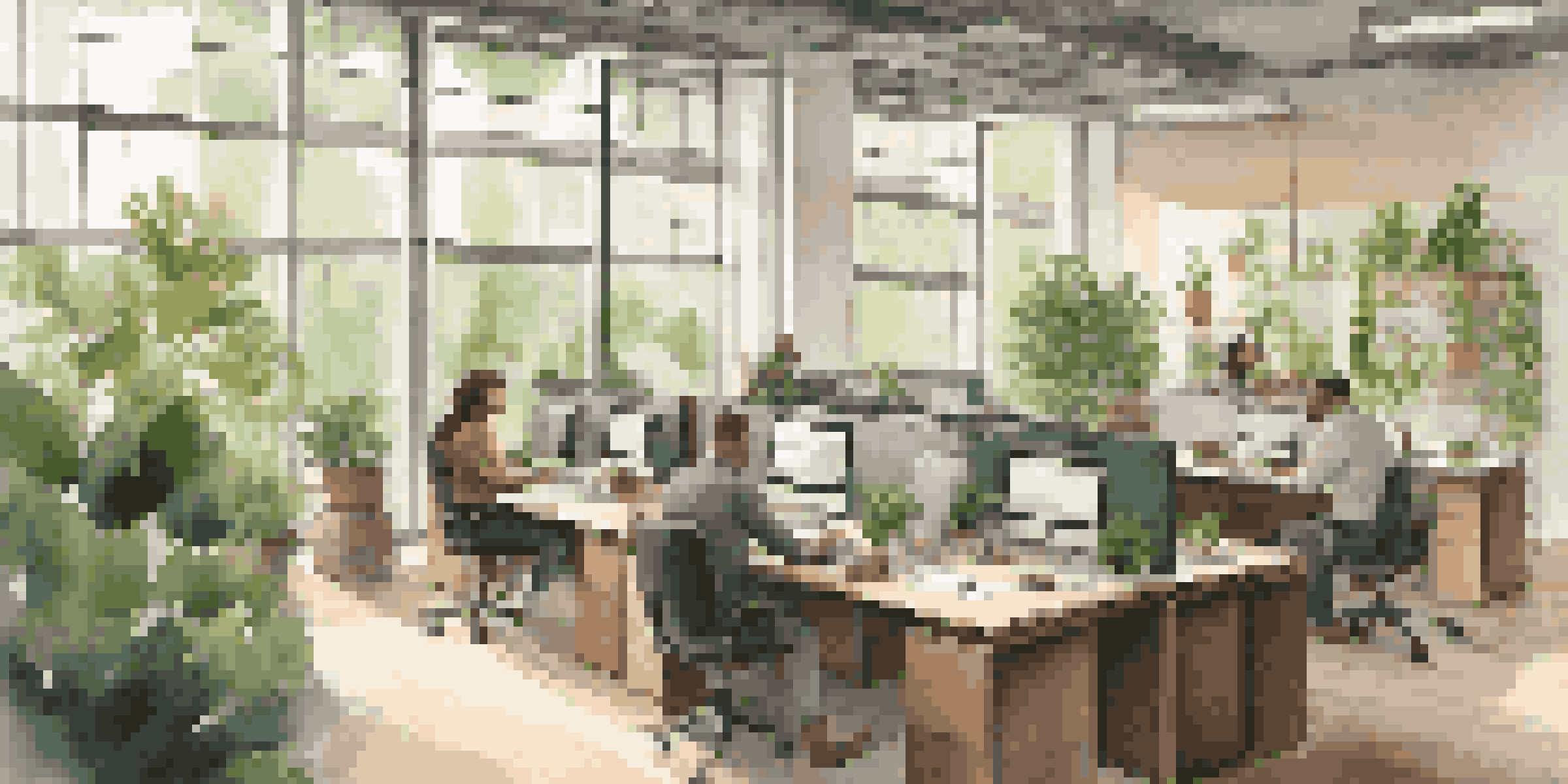 A bright office filled with employees working together, surrounded by plants and natural light.