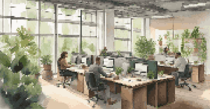 A bright office filled with employees working together, surrounded by plants and natural light.