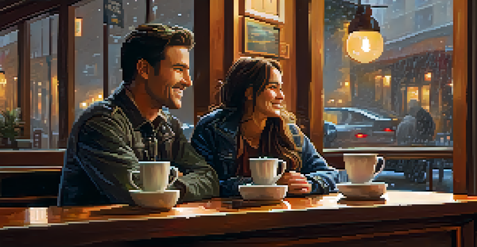 A cozy coffee shop with warm lighting, wooden furniture, and a couple sharing a pastry at a table, with a barista in the background.