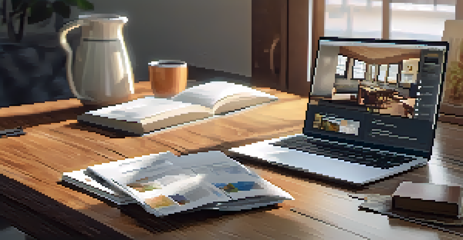 Close-up of hands typing on a laptop with training materials and a cup of coffee on a wooden desk.