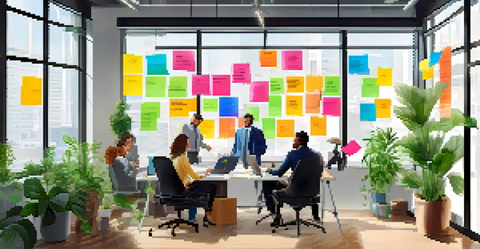 A diverse team of professionals collaborating in a bright office space filled with sticky notes and diagrams on a whiteboard.