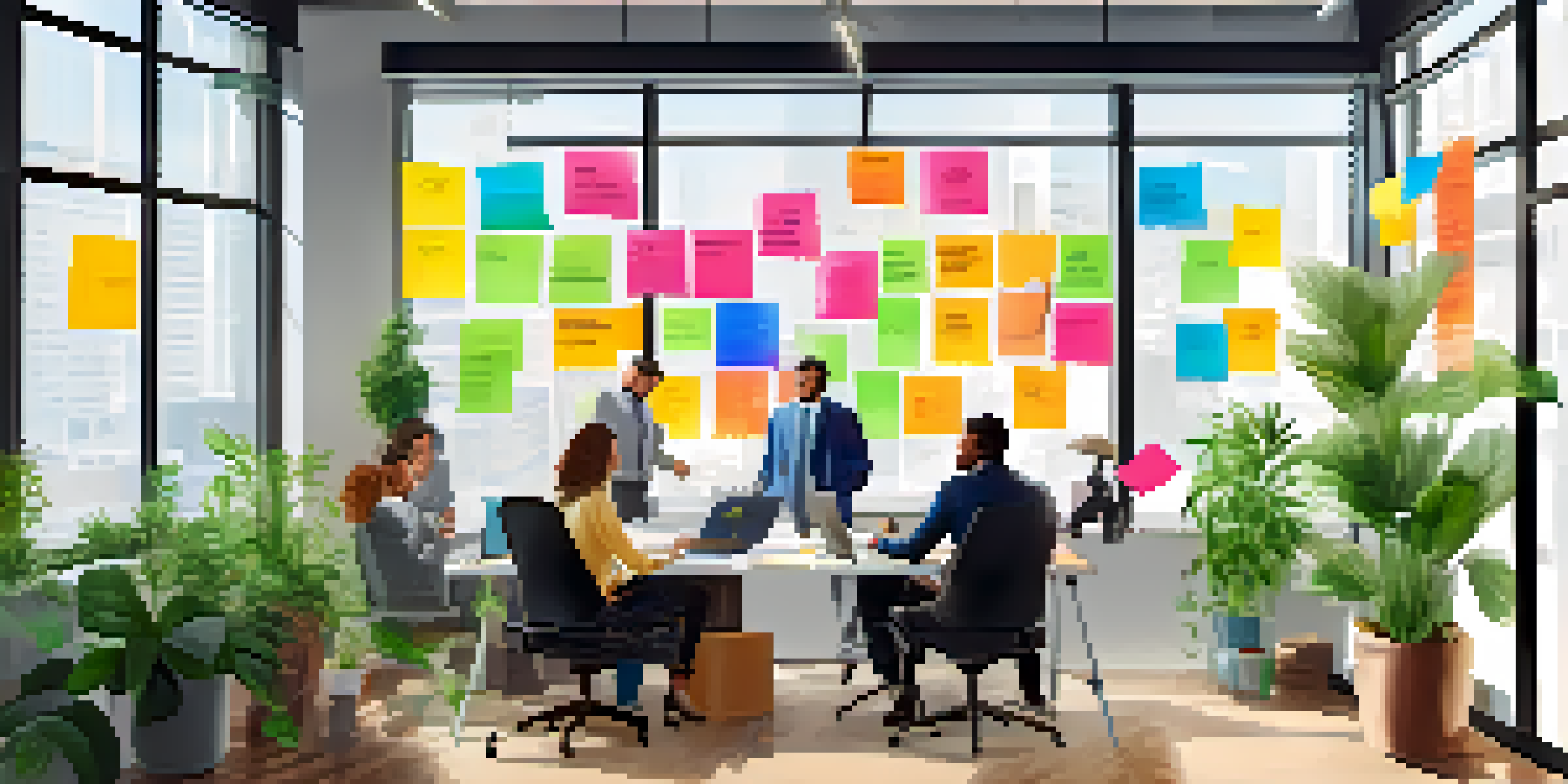 A diverse team of professionals collaborating in a bright office space filled with sticky notes and diagrams on a whiteboard.