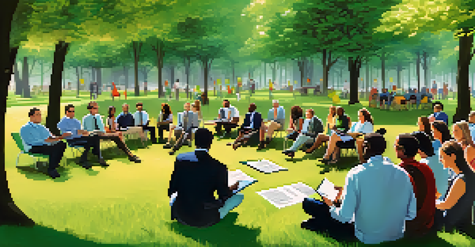 Professionals seated in a circle at an outdoor event discussing corporate responsibility and sustainability.