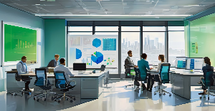 A diverse team of professionals in a modern office analyzing data together at a conference table, with digital displays and a whiteboard filled with charts.