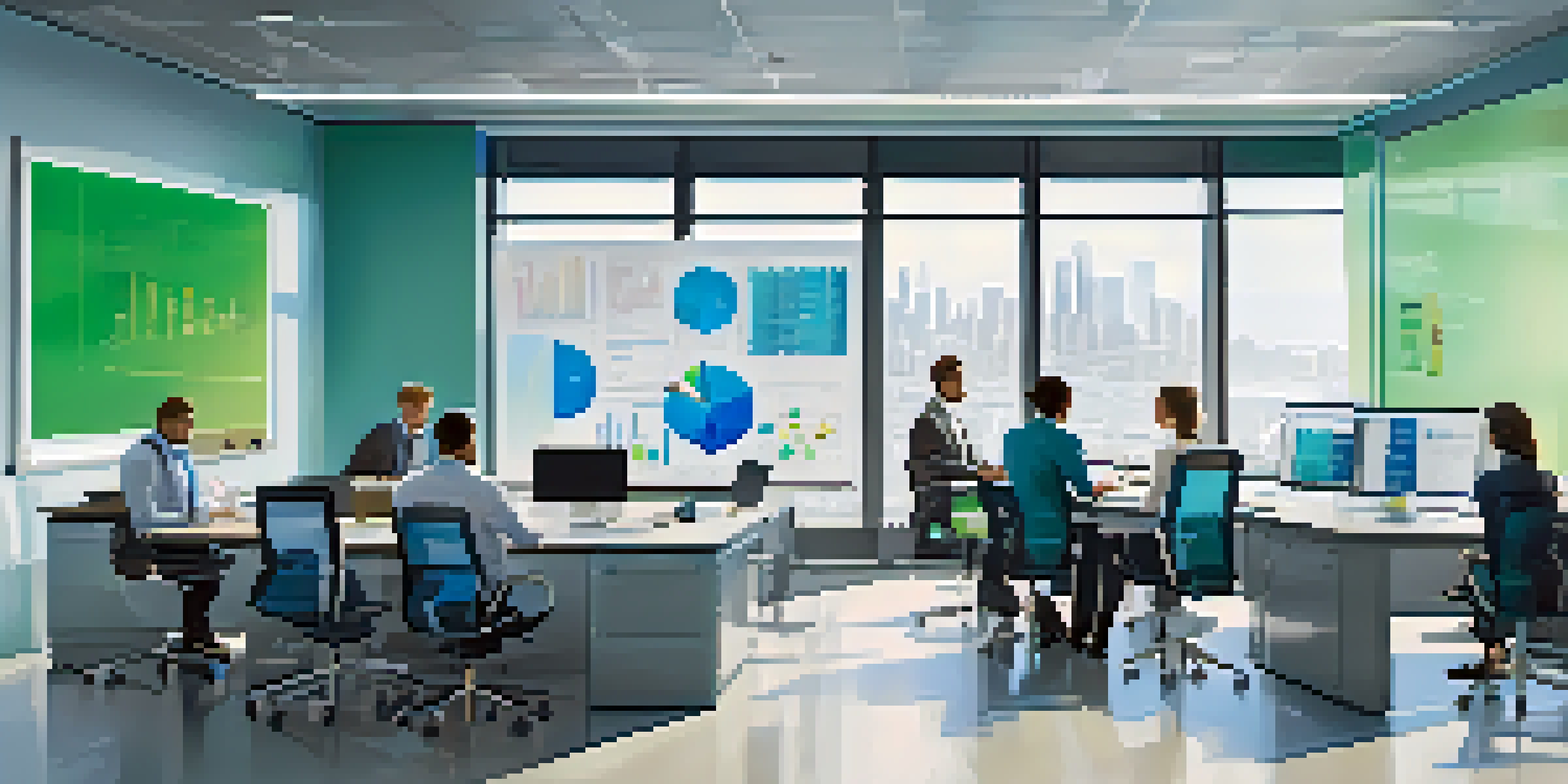 A diverse team of professionals in a modern office analyzing data together at a conference table, with digital displays and a whiteboard filled with charts.
