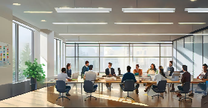 A diverse group of employees in a bright office training session, with a trainer presenting and participants taking notes.