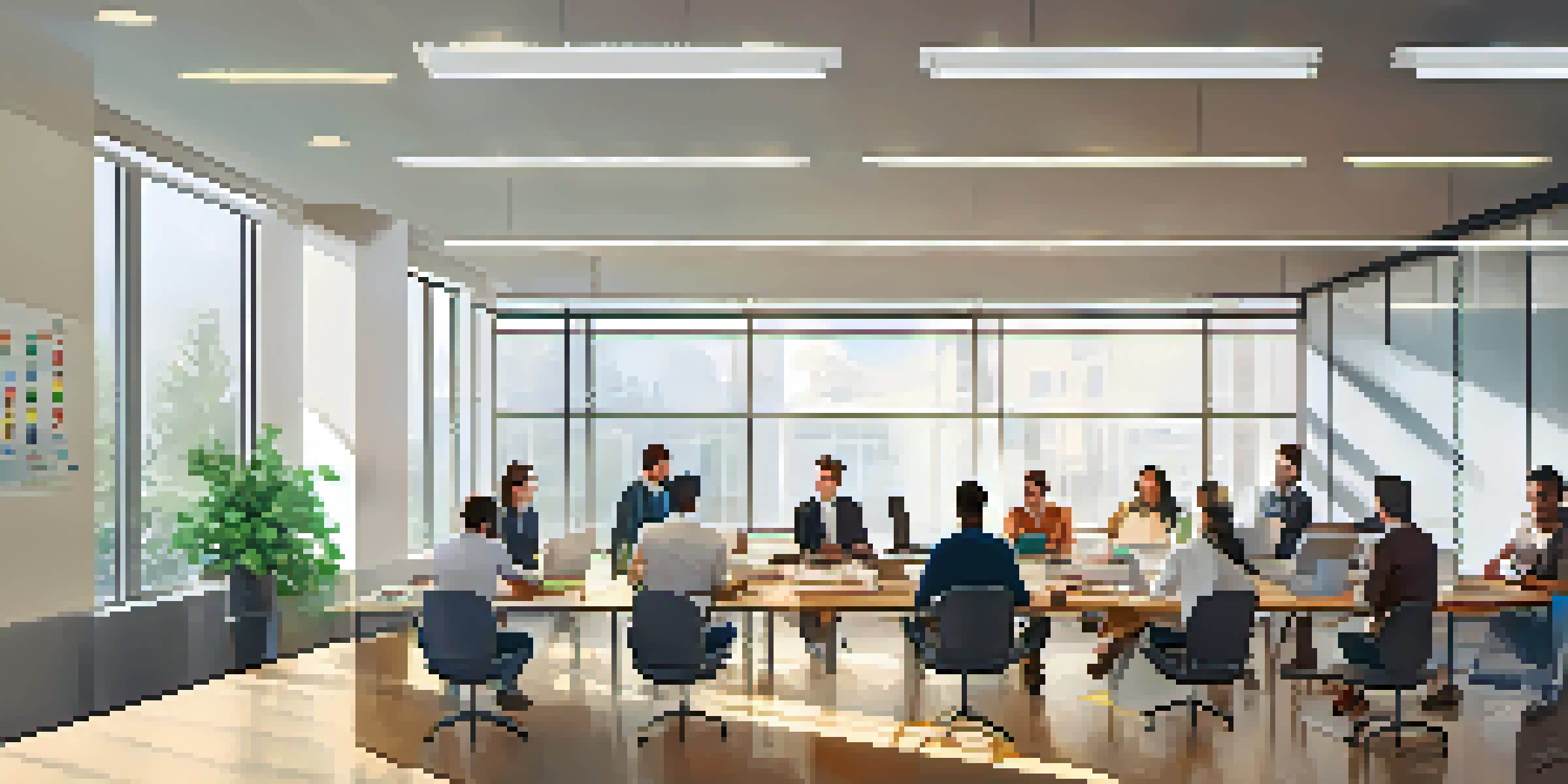 A diverse group of employees in a bright office training session, with a trainer presenting and participants taking notes.
