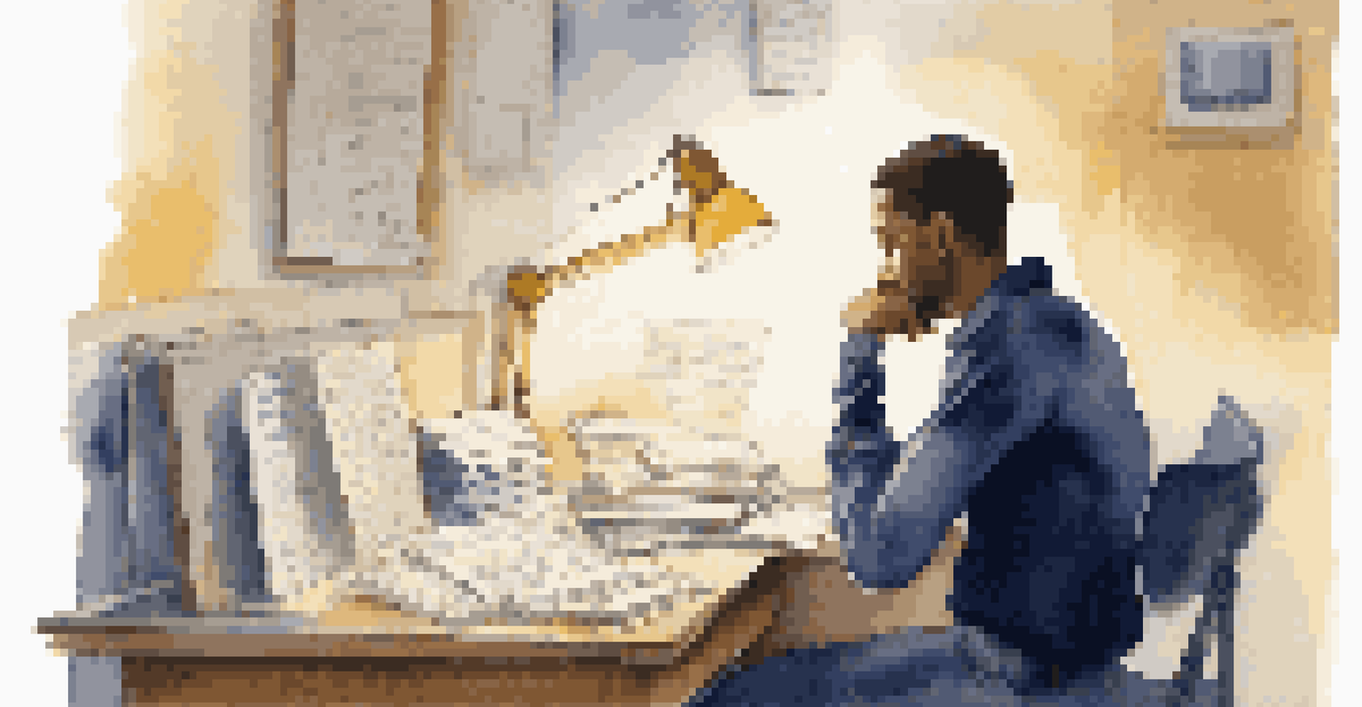 An individual at a desk, looking thoughtful and reflective, surrounded by notes and a laptop, symbolizing self-awareness in feedback.