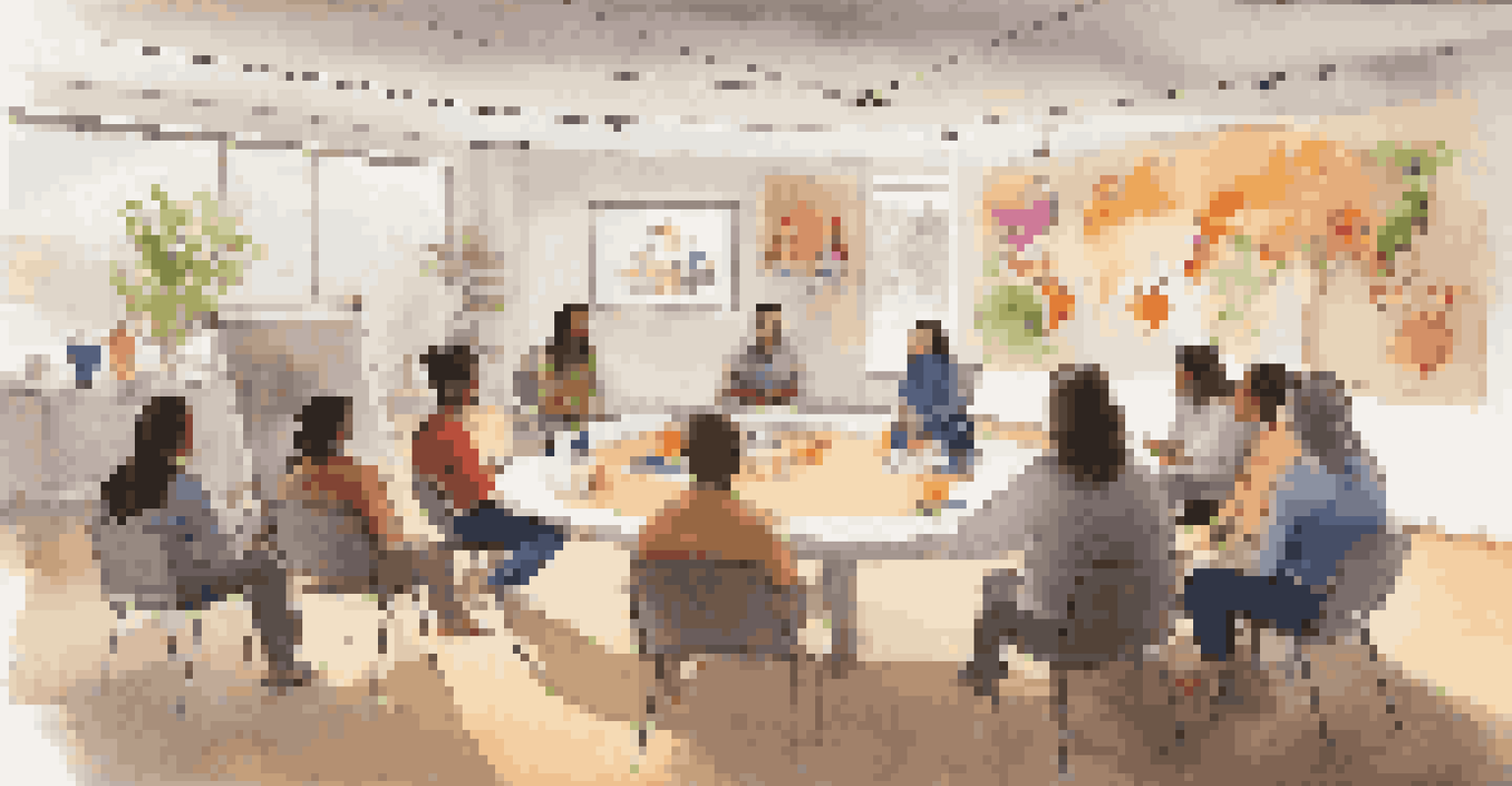 Team members sharing personal stories in a colorful workshop setting, fostering cultural understanding.