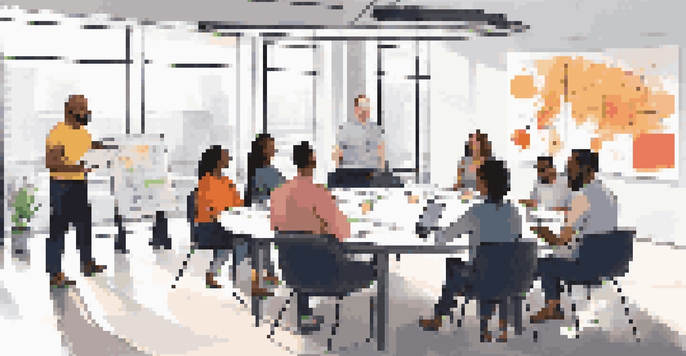 A diverse group of employees participating in a collaborative training session in a bright, modern office, sharing ideas around a round table with laptops and colorful charts on a whiteboard.