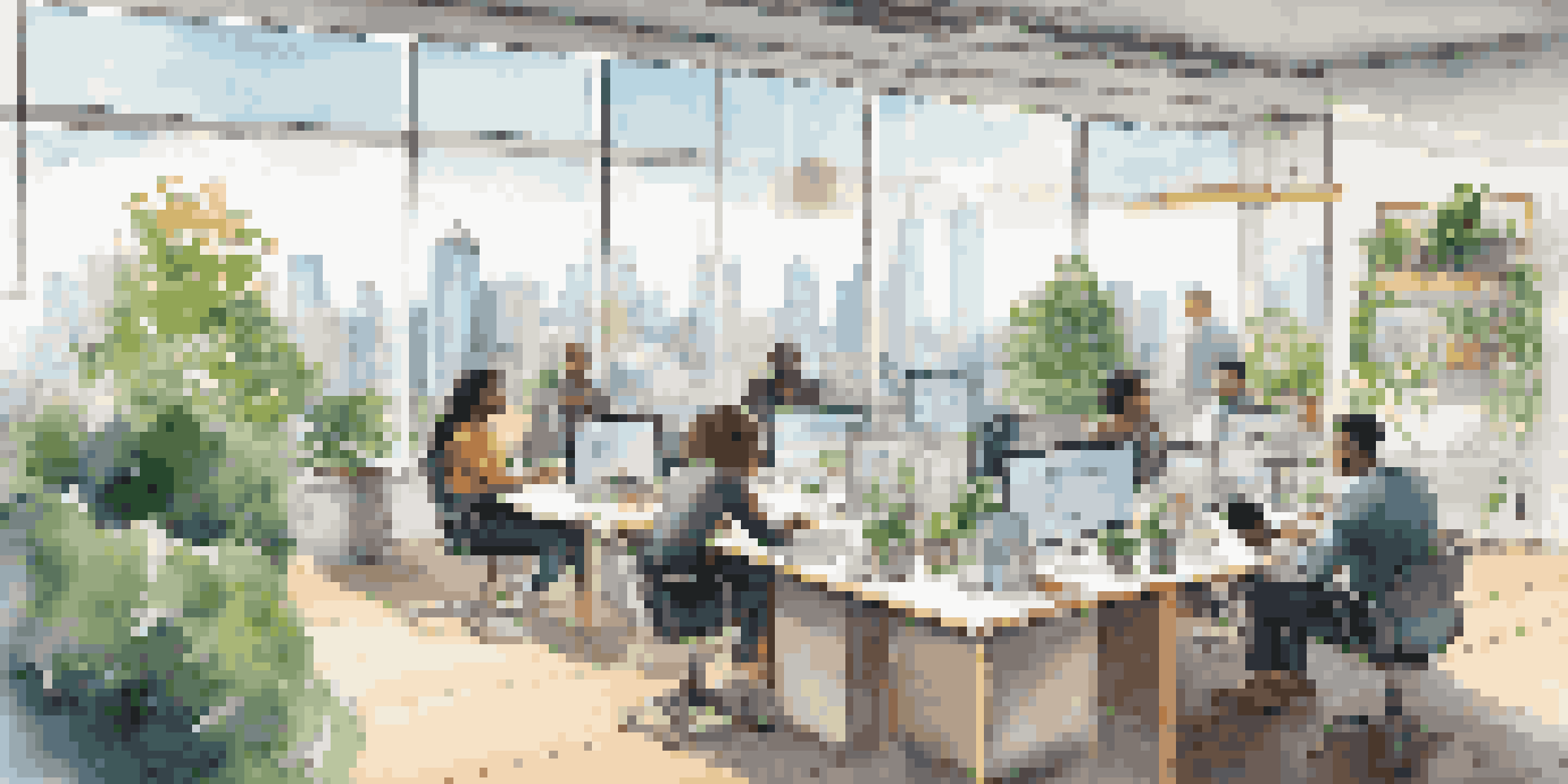 A collaborative workspace with diverse entrepreneurs discussing ideas, surrounded by plants and natural light, with a city skyline in the background.