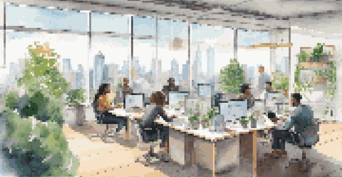 A collaborative workspace with diverse entrepreneurs discussing ideas, surrounded by plants and natural light, with a city skyline in the background.