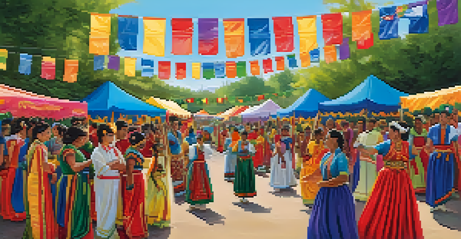 An outdoor cultural festival showcasing diverse cultures with people dancing and colorful booths.