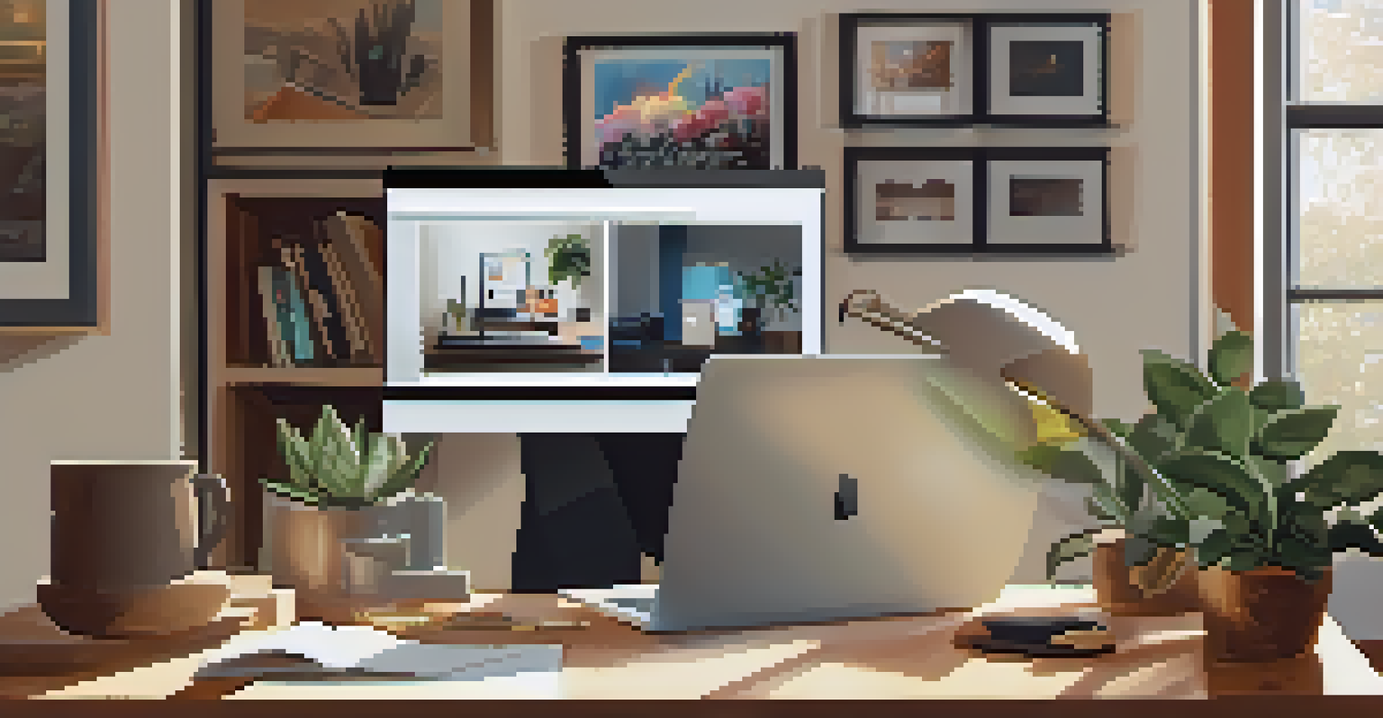 A cozy home office featuring a laptop on a wooden desk, personal decorations, and warm lighting, indicating a productive work environment.