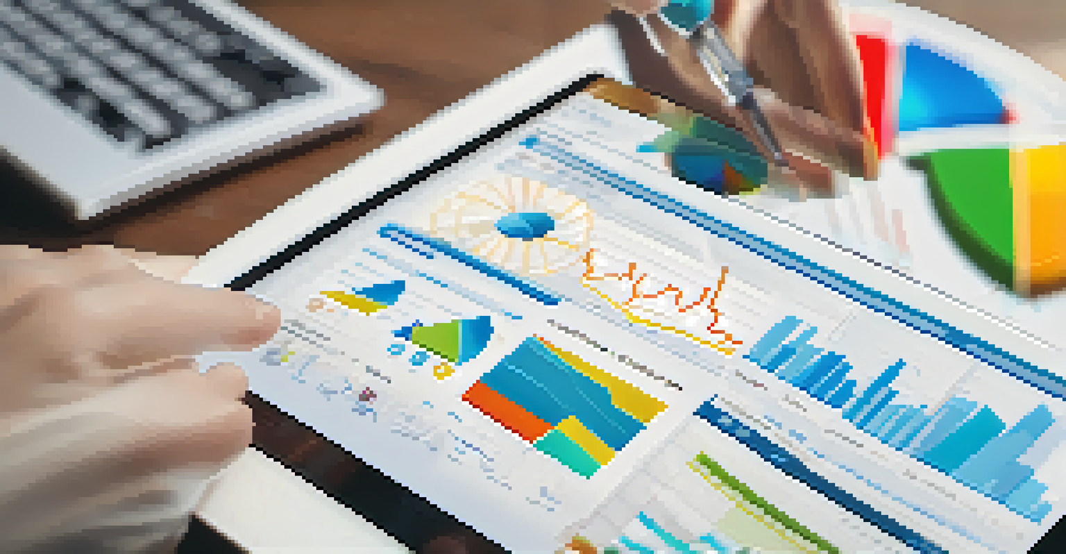 A close-up of a hand holding a tablet showing a colorful data analytics dashboard in a blurred office setting.