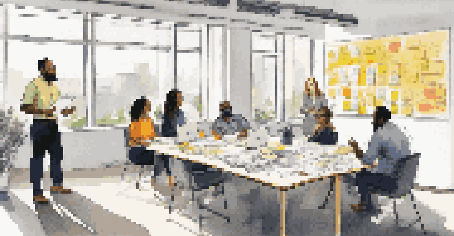 A diverse group of professionals brainstorming in a modern office.