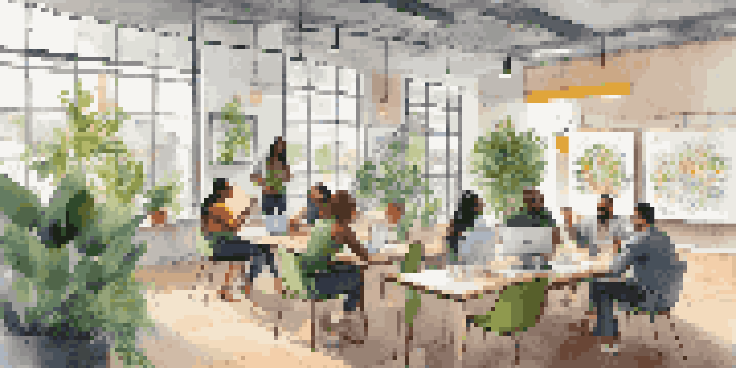 A lively co-working space where diverse entrepreneurs collaborate and brainstorm, surrounded by natural light and greenery.