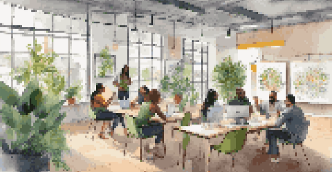 A lively co-working space where diverse entrepreneurs collaborate and brainstorm, surrounded by natural light and greenery.
